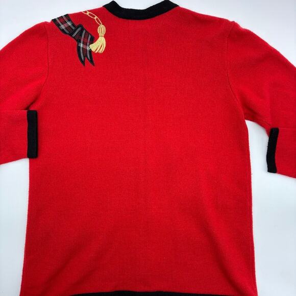 Doncaster Red Black & Gold Wool Blend Cardigan Small Plaid Accents Gold Buttons - Picture 2 of 12